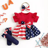 3PCS Star Stripe Printed Printed Ruffled Short Sleeve Baby Romper