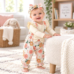 2PCS Pretty Floral Printed Faux Two Piece Long Sleeve Baby Jumpsuit