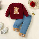 2PCS Lovely Bear Applique Sherpa Fleece Baby Girl Denim Set