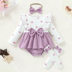 3PCS Lovely Heart Print Bow Long Sleeve Baby Girl Romper