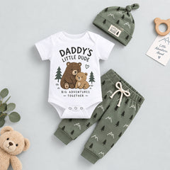 3PCS Daddy's Little Dude Letter Bear Print Short Sleeve Baby Boy Set