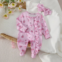 2PCS Delicate Floral Bow Print Zipper Long Sleeve Baby Girl Jumpsuit