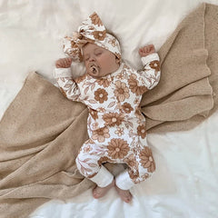 2PCS Pretty Floral Printed Baby Long Sleeve Jumpsuit