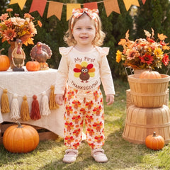3PCS Cute My First Thanksgiving Letter Turkey Print Long Sleeve Baby Girl Set