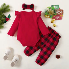 3PCS Sweet My 1st Christmas Letter Plaid Print Baby Girl Set