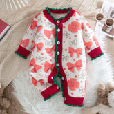 Pretty Bow Polka Dots Print Knit Long Sleeve Baby Girl Jumpsuit