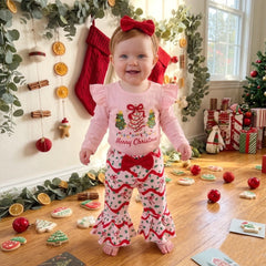 3PCS Merry Christmas Letter Tree Bow Print Long Sleeve Baby Girl Set