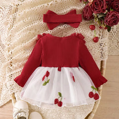 2PCS Baby Girl 3D Floral and Cherry Embroidered Long Sleeve Mesh Dress