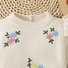 Elegant Floral Embroidery Long Sleeve Knit Baby Girl Jumpsuit