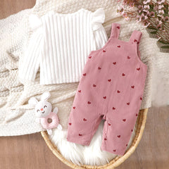 2PCS Bear Applique Heart Print Long Sleeve Corduroy Baby Overalls Set