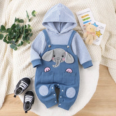 Faux Two Piece Elephant Stripe Print Long Sleeve Baby Hoodie Jumpsuit
