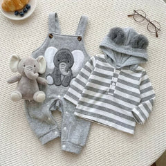 2PCS Elephant Applique Stripe Printed Fuzzy Baby Overalls Set