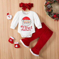 3PCS My First Christmas Letter Santa Claus Print Velvet Baby Girl Set