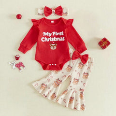 3PCS My First Christmas Letter Print Elk Applique Baby Girl Set
