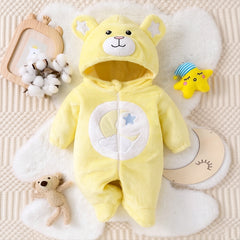 Fuzzy Bear Moon Star Embroidered Long Sleeve Zipper Baby Hoodie Jumpsuit