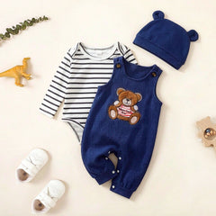 3PCS Cute Bear Embroidery Stripe Print Long Sleeve Overalls Baby Set