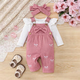 3PCS Sweet Bow Print Long Sleeve Baby Overalls Set
