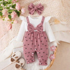 2PCS Sweet Faux Two Piece Bow Print Baby Girl Corduroy Jumpsuit