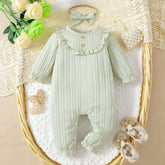 2PCS Fresh Solid Color Ruffle Long Sleeve Baby Girl Jumpsuit