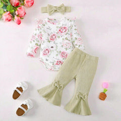 3PCS Fresh Floral Print Bowknot Long Sleeve Baby Girl Set