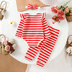 3PCS Vibrant Floral Applique Stripe Print Long Sleeve Knit Baby Set