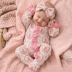 2PCS Lovely Bear Floral Print Ruffle Zipper Baby Jumpsuit