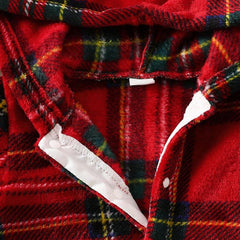 Cute 3D Ear Plaid Printed Long Sleeve Hooded Baby Fleece Jumpsuit