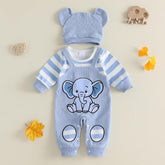 2PCS Cute Elephant Print Striped Long Sleeve Baby Jumpsuit