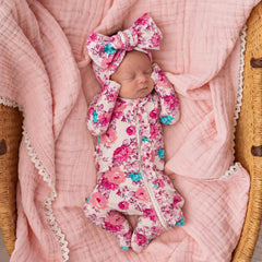 2PCS Vivid Floral Print Long Sleeve Zipper Baby Girl Jumpsuit