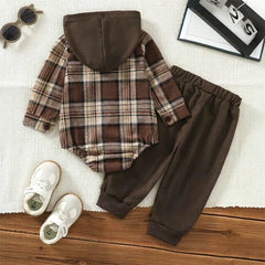 2PCS Mama's Boy Letter Plaid Print Long Sleeve Hoodie Baby Set