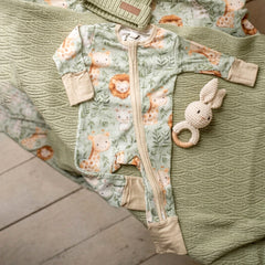Cute Lion Giraffe Leaf Printed Long Sleeve Zipper Baby Jumpsuit