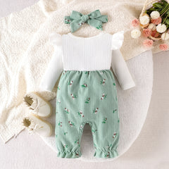 2PCS Cheerful Floral Print Bow Long Sleeve Baby Girl Jumpsuit