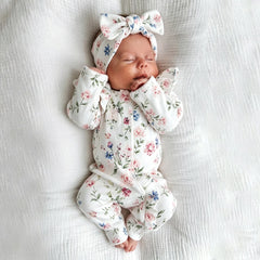 2PCS Elegant Floral Print Ruffle Long Sleeve Baby Girl Zipper Jumpsuit