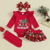4PCS My 1st Christmas Letter Plaid Printed Long Sleeve Baby Set