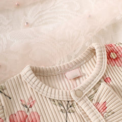 2PCS Delightful Baby Girl Floral Print Ruffle Long Sleeve Zipper Jumpsuit