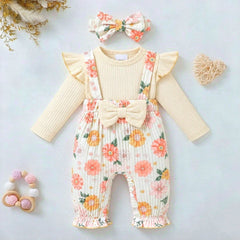 2PCS Pretty Floral Printed Faux Two Piece Long Sleeve Baby Jumpsuit