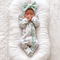 2PCS Dainty Baby Girl Floral Print Ruffle Long Sleeve Zipper Jumpsuit