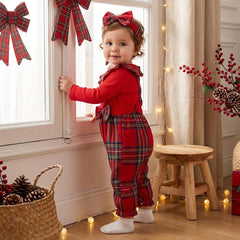 2PCS Cheerful Plaid Print Bow Long Sleeve Baby Girl Jumpsuit