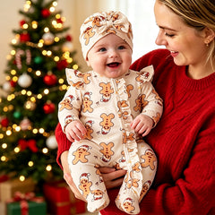 2PCS Lovely Gingerbread Man Bow Printed Long Sleeve Zipper Baby Jumpsuit