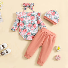 Conjunto de bebê de manga comprida com estampa floral doce 4 unidades