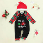 3PCS Letter Embroidered Santa Plaid Print Baby Boy Overalls Set
