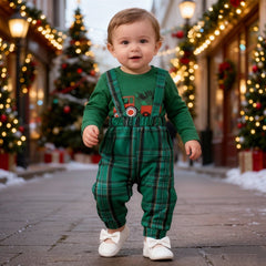 3PCS Cute My 1st Christmas Letter Tractor Plaid Print Baby Overalls Set