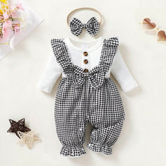 2PCS Chic Houndstooth Print Bow Long Sleeve Baby Girl Jumpsuit