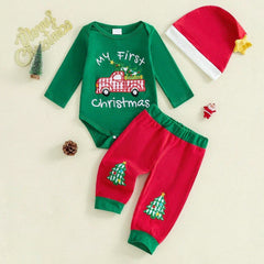 3PCS Cute My First Christmas Letter Tractor Tree Embroidered Baby Boy Set