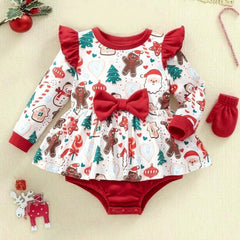 Lovely Christmas Print Bow Long Sleeve Baby Girl Romper