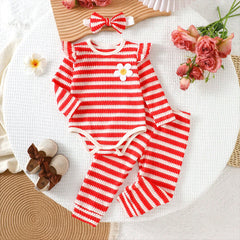 3PCS Vibrant Floral Applique Stripe Print Long Sleeve Knit Baby Set