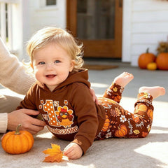 2PCS My 1st Thanksgiving Letter Holiday Print Long Sleeve Baby Hoodie Set