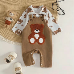 2PCS Adorable Bear Applique Long Sleeve Baby Overalls Set