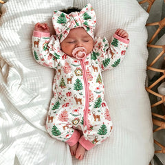 2PCS Baby Girl Christmas Print Ruffle Long Sleeve Zipper Jumpsuit
