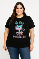 It's Fine I'm Fine Everything Is Fine Cat Print Women Slogan Plus Size T-Shirt